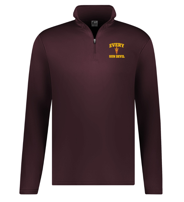 Maroon quarter-zip pullover with small yellow “EVERY ...” text on the chest