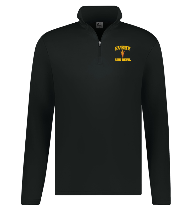 Black quarter-zip pullover with a small yellow chest logo on a white background