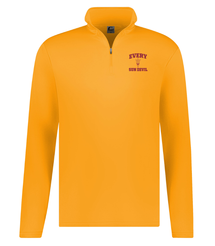 Bright orange long-sleeve quarter-zip pullover with a small chest logo on a white background