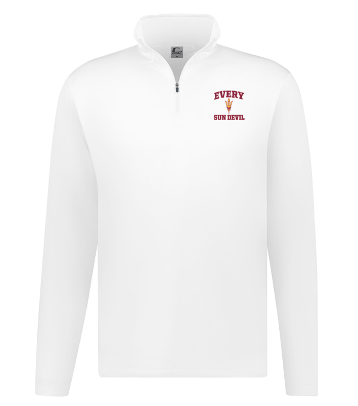 White quarter-zip pullover with small red logo on the left chest, isolated on white background