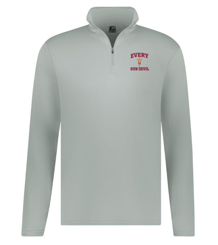 Light gray quarter-zip pullover with small red text on the chest