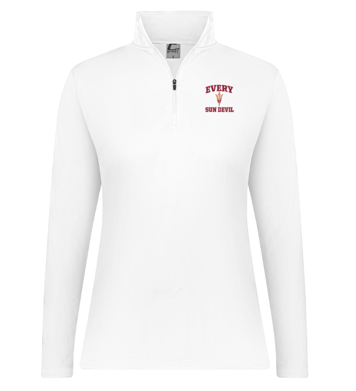 White quarter-zip pullover with a small red “EVERY V SOCK…” chest logo on the left side