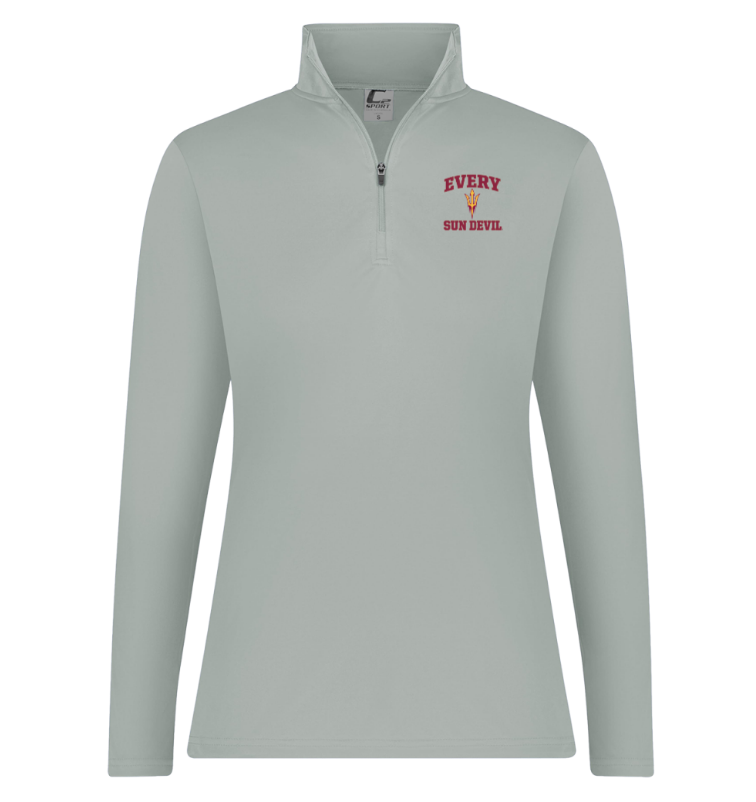 Light gray quarter-zip pullover with small red chest logo on a white background