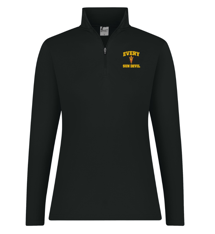 Black quarter-zip pullover with small yellow chest logo on front