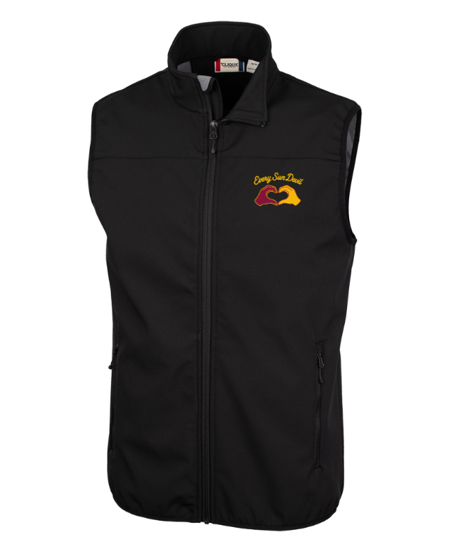 Black zip-up sleeveless vest with a small yellow and red logo on the left chest