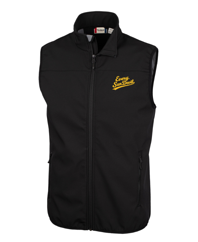 Black sleeveless zip-up vest with yellow embroidered logo on the chest.