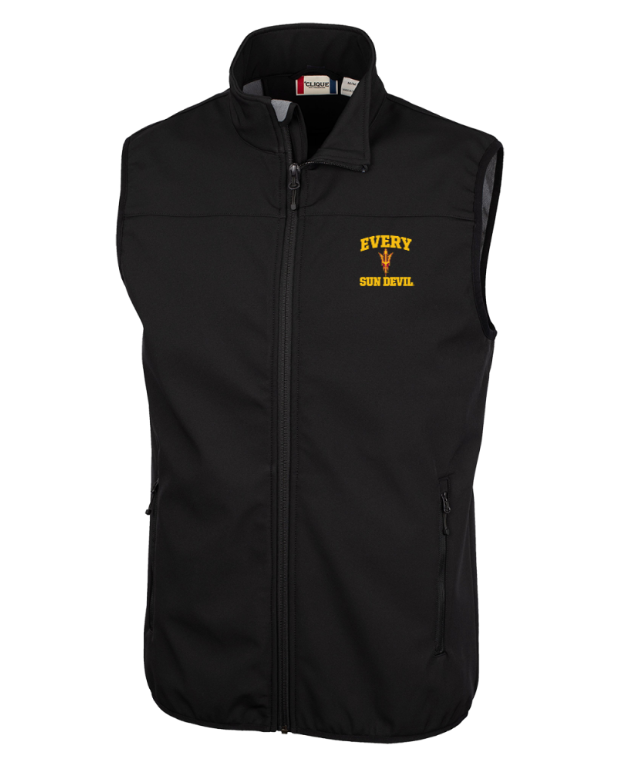Black zip-up vest with yellow embroidered text on the left chest, shown against a white background