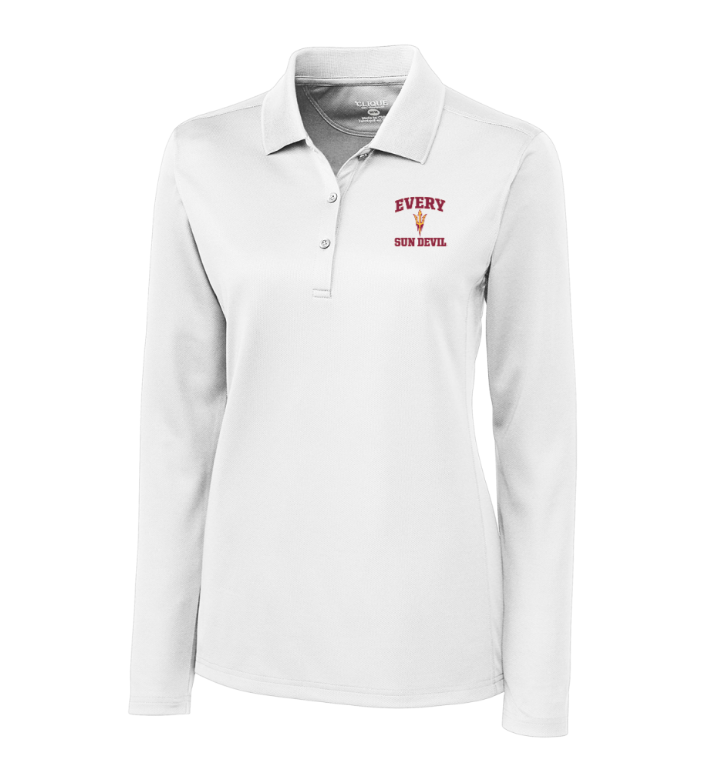 White long-sleeve polo shirt with a small red embroidered logo on the left chest.