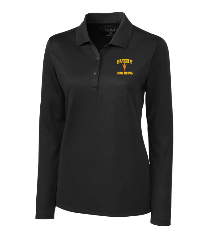 Black long-sleeve polo shirt with yellow embroidered logo on the chest