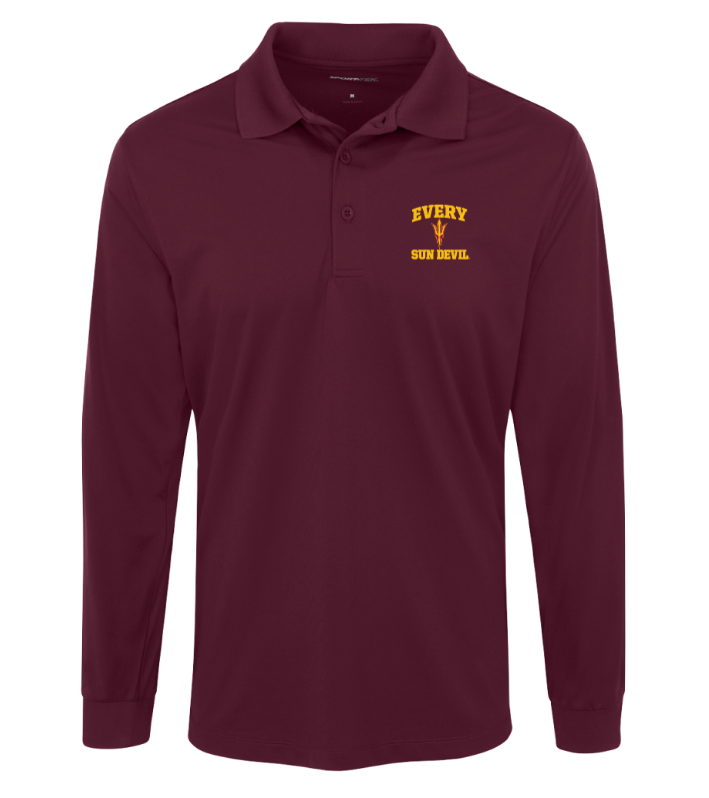 Maroon long-sleeve polo shirt with a small yellow logo on the left chest.