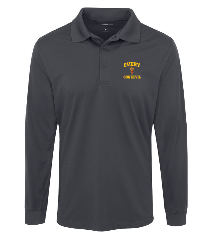 Dark gray long-sleeve polo shirt with a small yellow chest logo