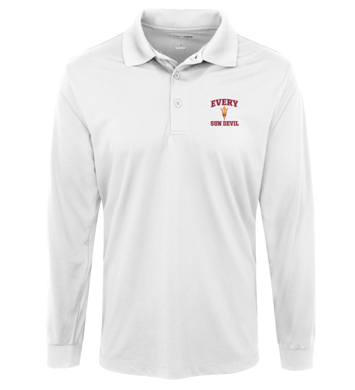White long-sleeve polo shirt with a small red chest logo on the left side.