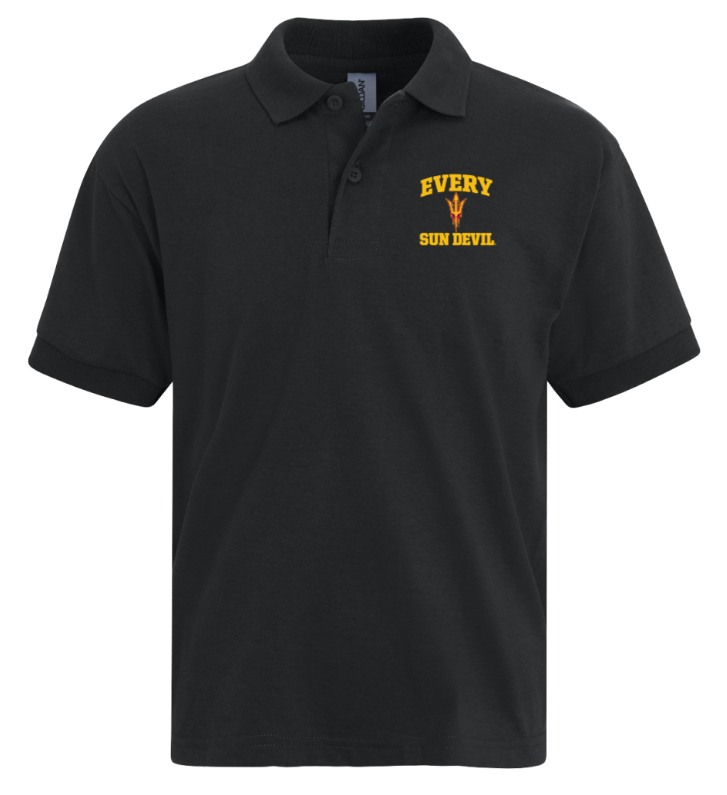 Black polo shirt with yellow “EVERY SUN DETAIL” logo on the chest