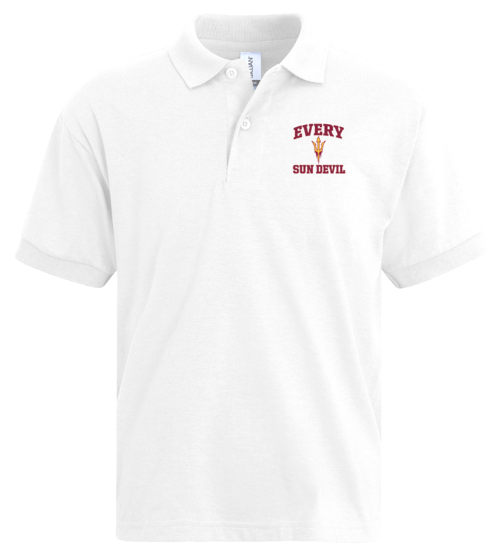 White polo shirt with red “EVERY SIN DE…” logo on the left chest