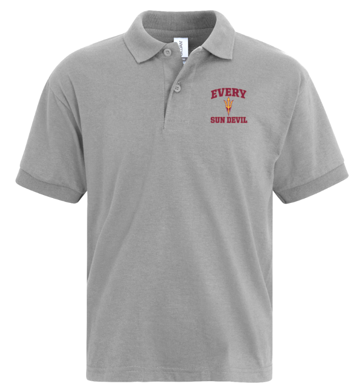 Gray polo shirt with small red sun-themed logo on the left chest
