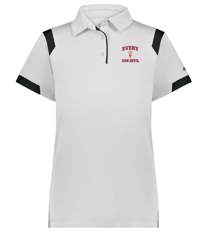 White short-sleeve polo shirt with black accents and red logo on the chest