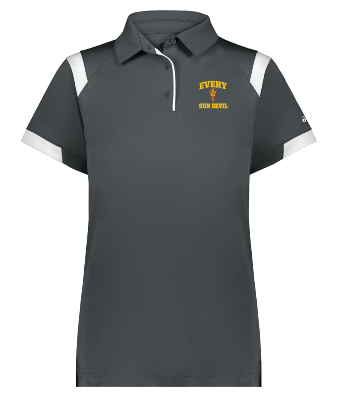 Dark gray polo shirt with white shoulder panels and yellow logo on the chest
