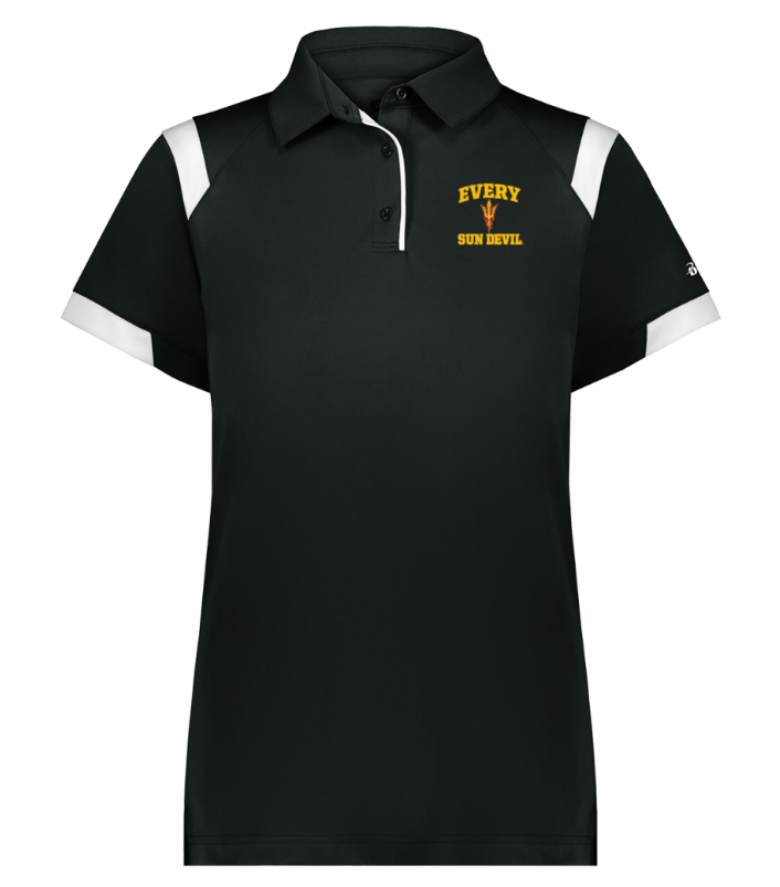 Black polo shirt with white shoulder panels and yellow logo on the chest