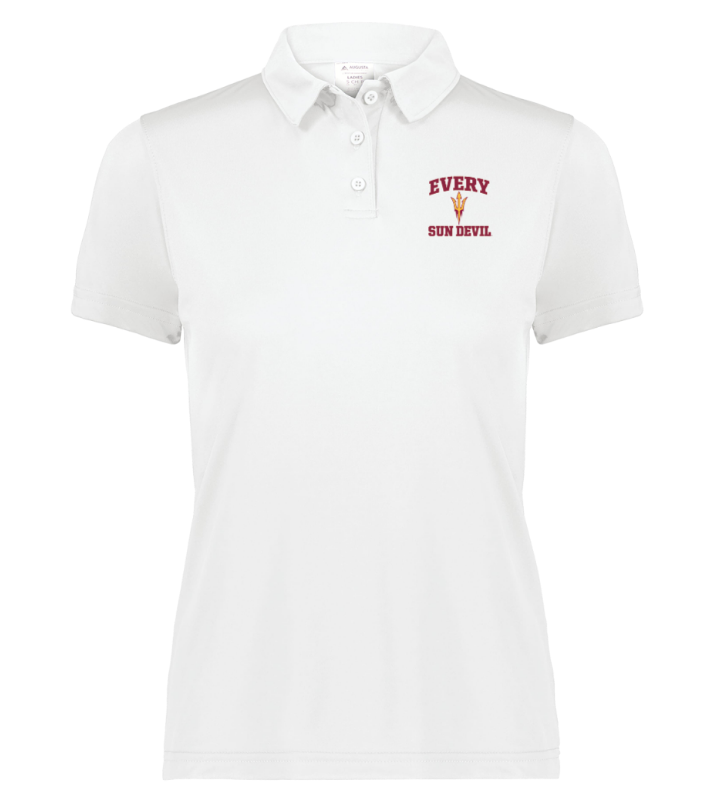 White polo shirt with red logo text on the left chest and collar buttons