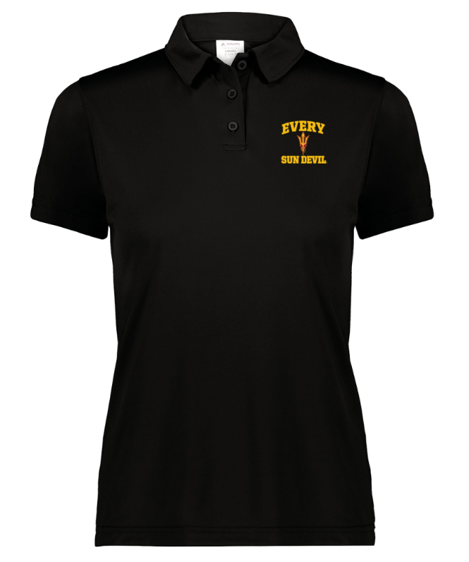Black polo shirt with yellow chest logo text