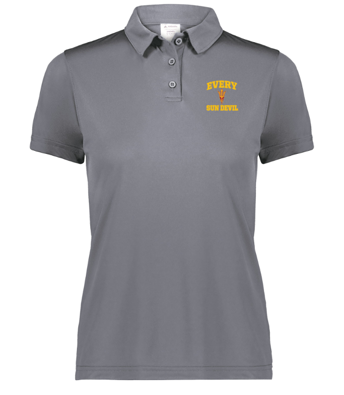 Gray polo shirt with small yellow “EVERY …” text on the chest