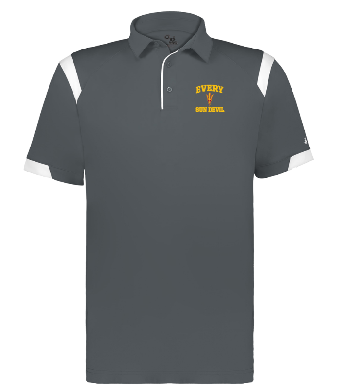 Dark gray short-sleeve polo shirt with white accents and yellow logo text on the chest.