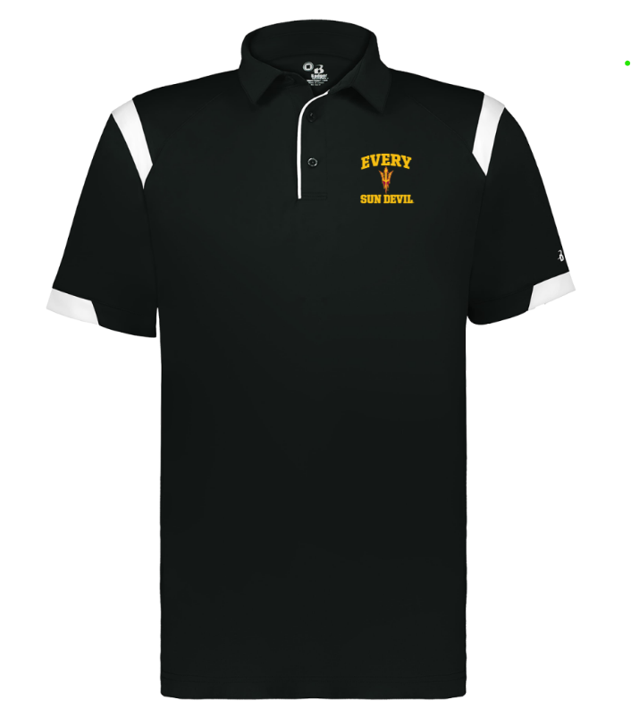 Black collared polo shirt with white shoulder accents and yellow chest logo text.