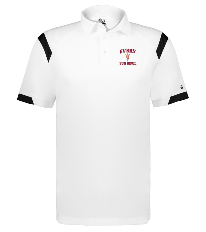 White short-sleeve polo shirt with black sleeve accents and a small chest logo