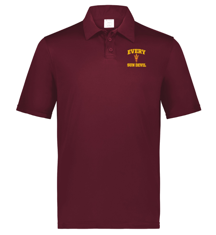 Maroon polo shirt with a small yellow logo on the left chest