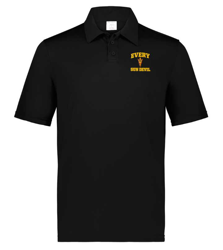 Black polo shirt with a small yellow “EVERY DAY SEVEN” logo on the chest.