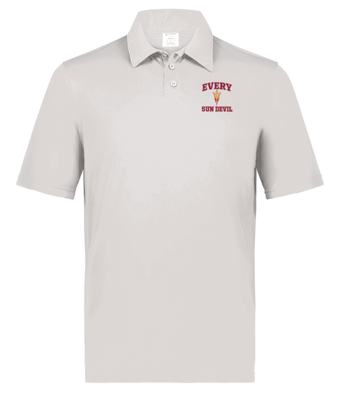 Light gray polo shirt with red logo text on the left chest.