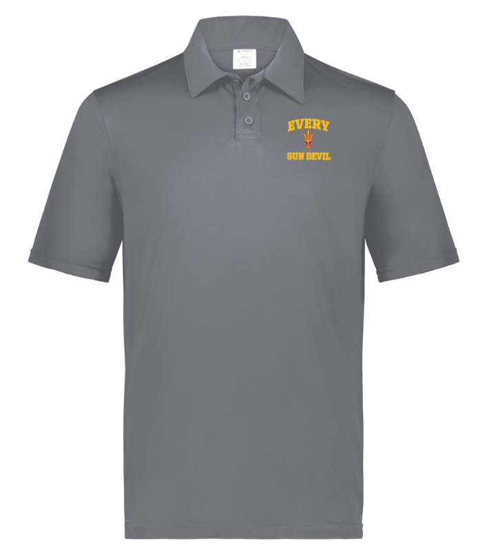 Gray polo shirt with a small yellow “Every Day Nice” logo on the chest.
