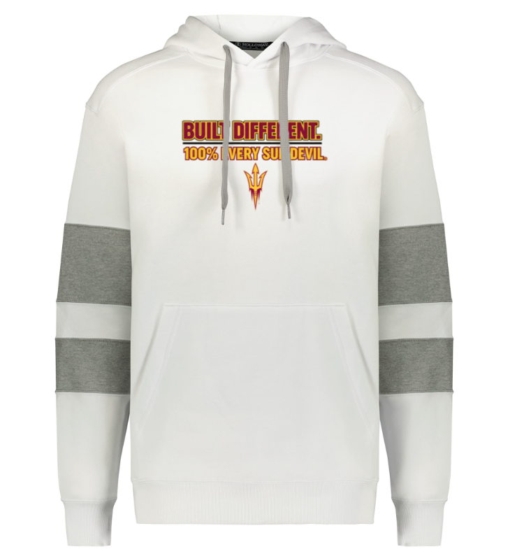 White hoodie with gray striped sleeves and orange "Build Different" text on the chest