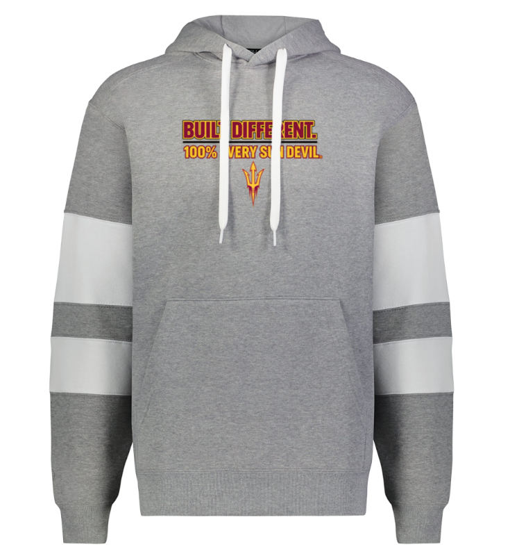 Gray hooded sweatshirt with white drawstrings and orange text on the chest, with gray-striped sleeves