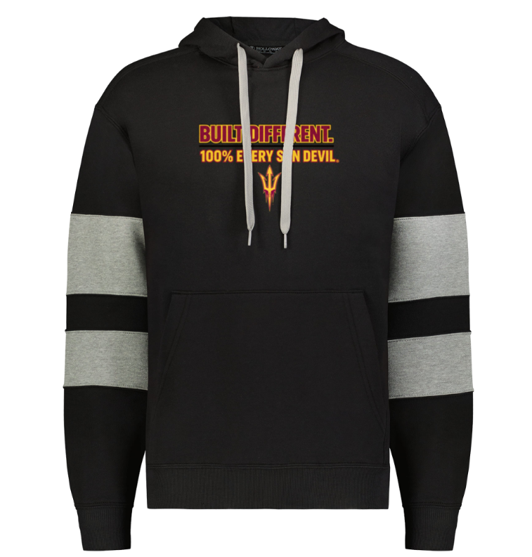 Black pullover hoodie with gray sleeve stripes and red-orange text on the chest