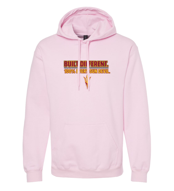 Light pink hoodie with front slogan graphic in orange and black