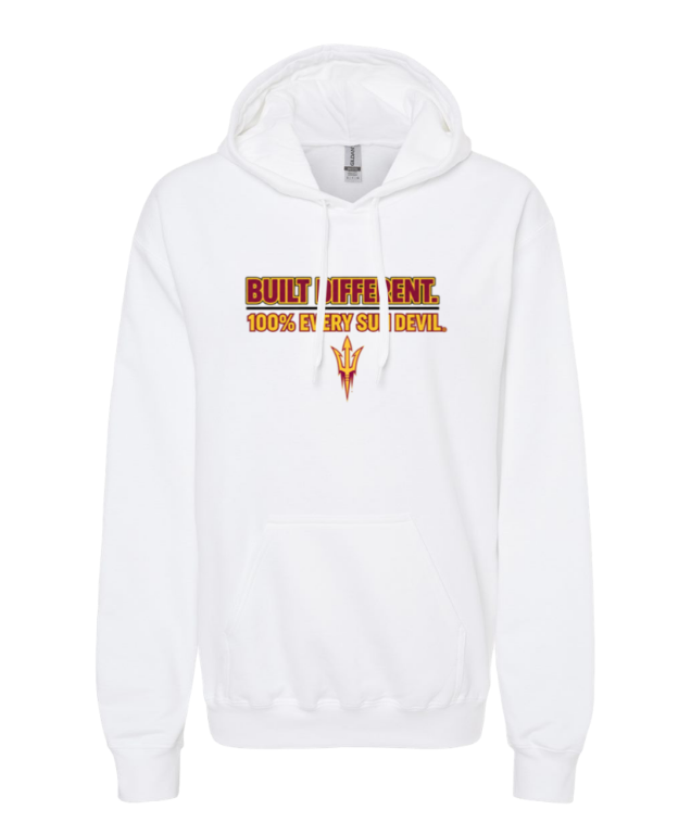 White hoodie with a yellow-and-red "Built Different" graphic on the chest