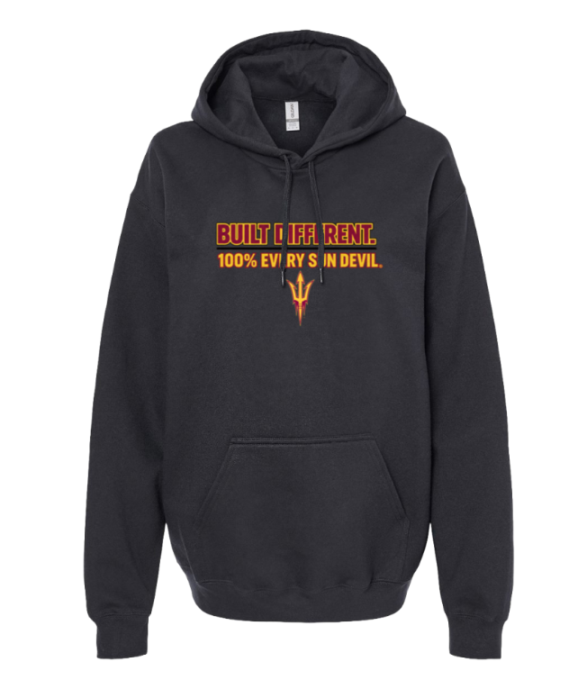 Black hoodie with orange “BUILT FOR REBEL” text and a small fiery graphic on the chest