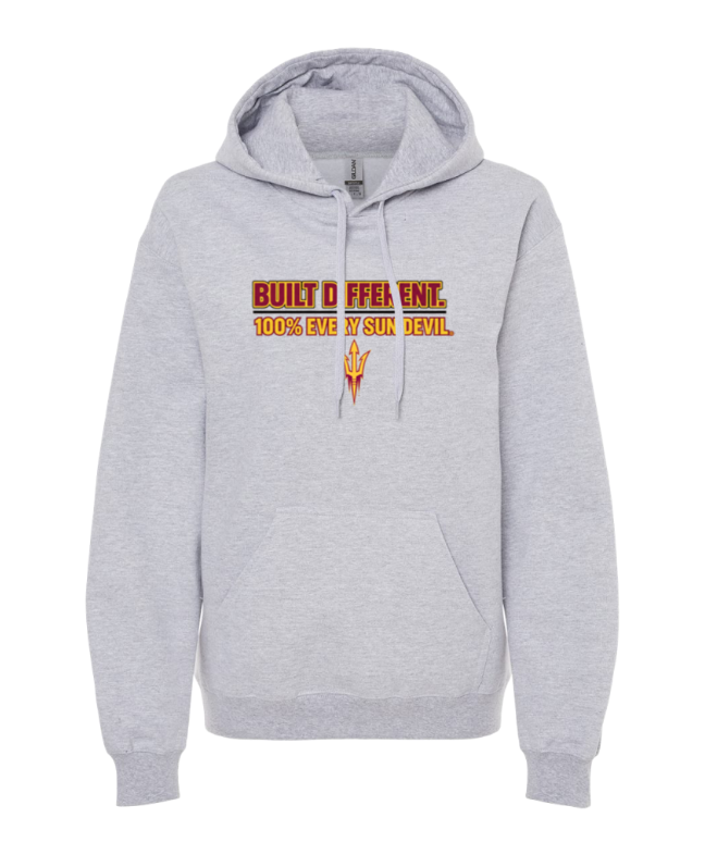 Gray hoodie with orange “Built to Feel Good” text and graphic on the chest