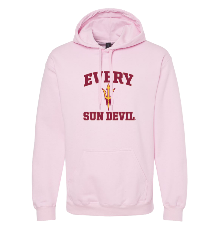 Light pink hoodie with red “EVERY SUN DEVIL” text on the front