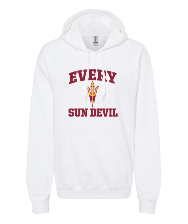 White hoodie with red “EVERY SUN DEVIL” text and an Arizona State trident logo