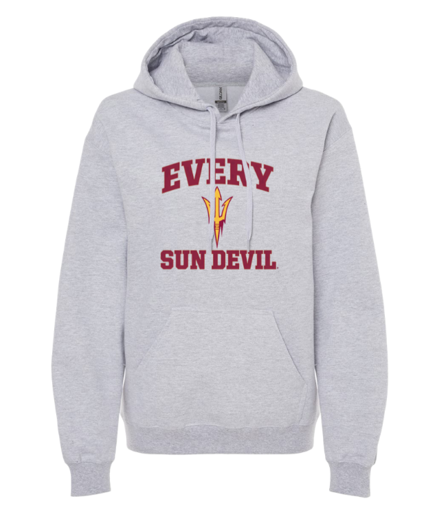 Gray hoodie with Arizona State Sun Devils text and pitchfork logo