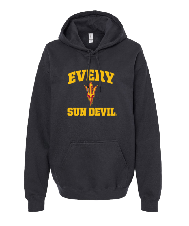 Black hoodie with yellow “EVERY SUN DEVIL” text and a pitchfork graphic on the front