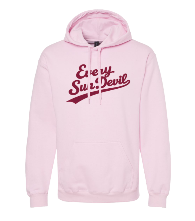 Light pink hoodie with burgundy "Every Super Dad" text on the front