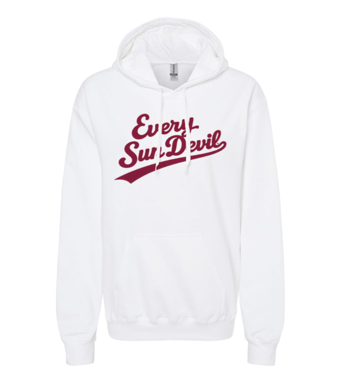 White hooded sweatshirt with maroon “Every Sunday” script logo on the front