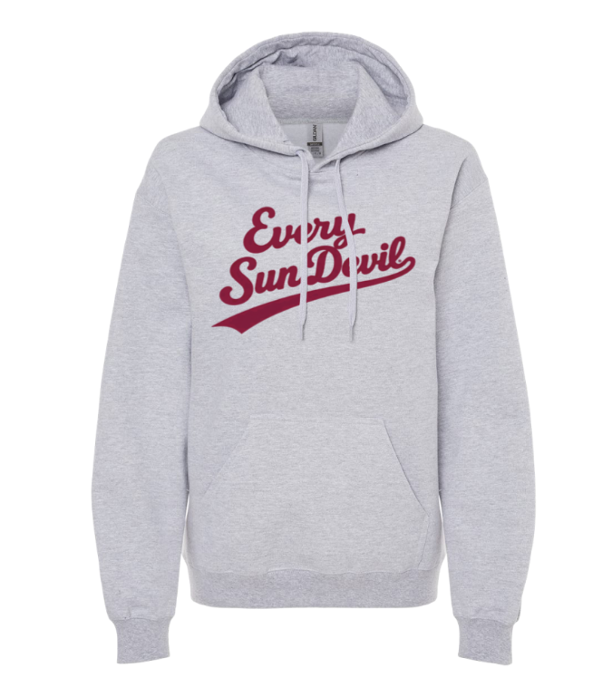 Light gray hooded sweatshirt with maroon “Every Sun Devils” script on the chest