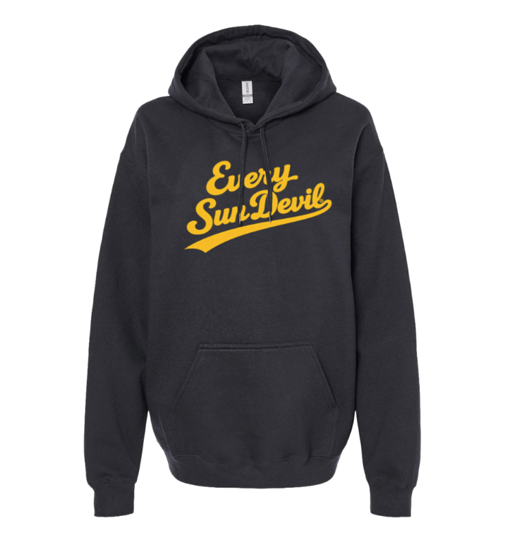 Black hooded sweatshirt with yellow “Every Sun Devil” text on the chest and a front pocket.