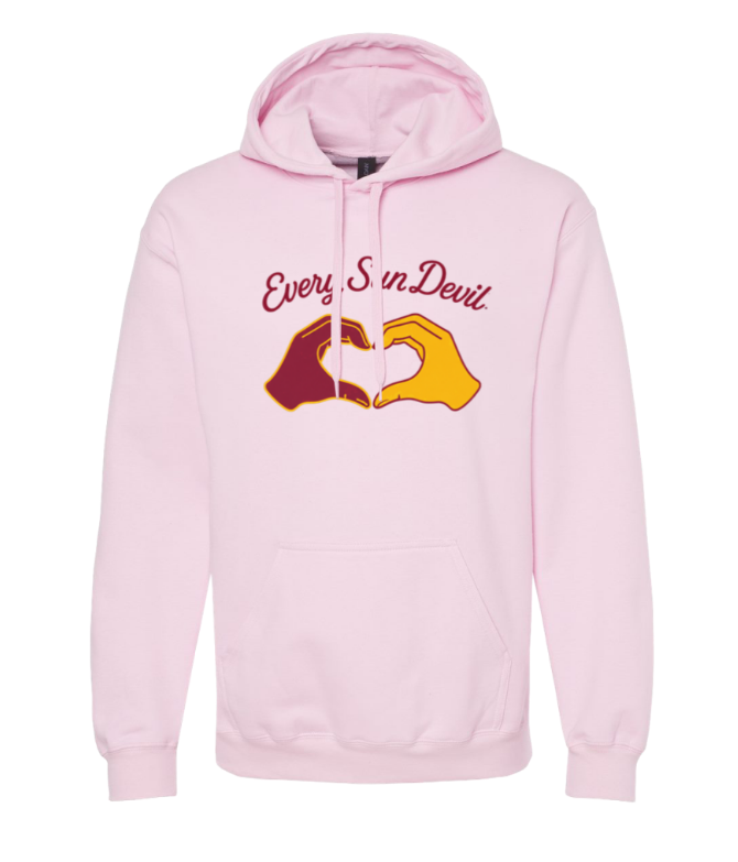 Light pink hoodie with “Every S in Devil” text and two hands forming a heart graphic