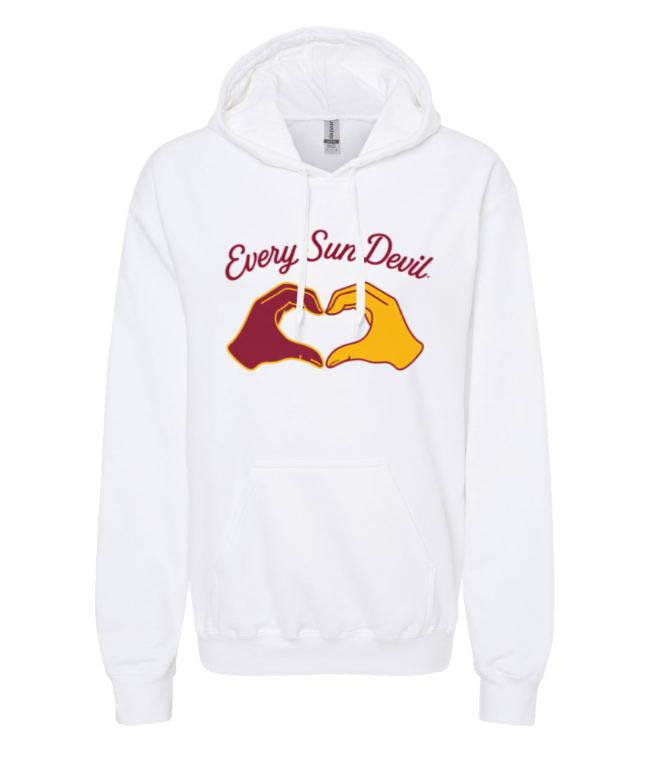 White hoodie with “Every Sin Devil” text and two hands forming a heart in red and yellow