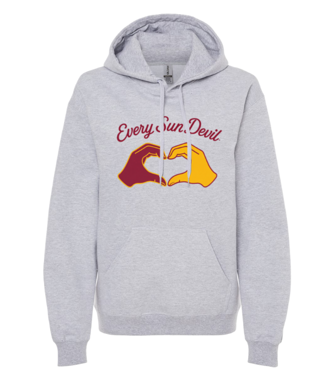 Light gray hoodie with red and yellow hand graphic and “Every Sin Devil” text on the chest